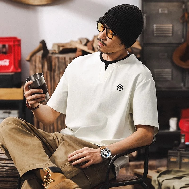 @放牧火星 假两件T恤2025新款短袖男士夏季美式复古潮牌撞色凉感