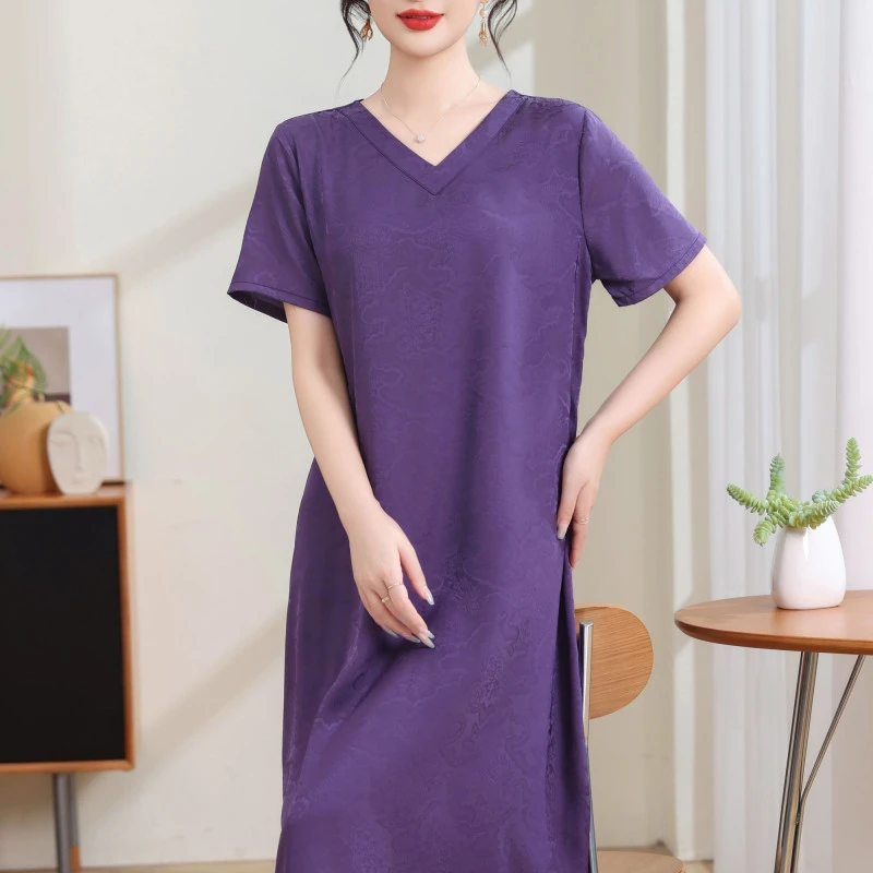 10349-夏季短袖洋气时尚新款气质中长款显瘦妈妈连衣裙【富通物流】