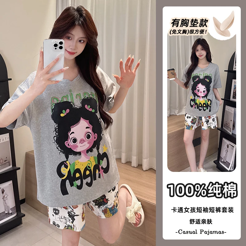 夏季新款睡衣女短袖短裤爆款卡通舒适纯棉睡衣带胸垫家居服套装女