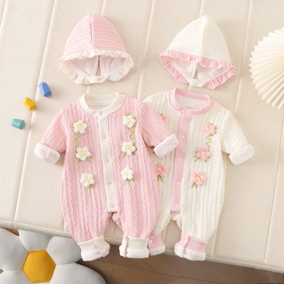 春秋新款公主风长袖女爬服连体哈衣女宝毛线六朵小花带帽花边哈衣