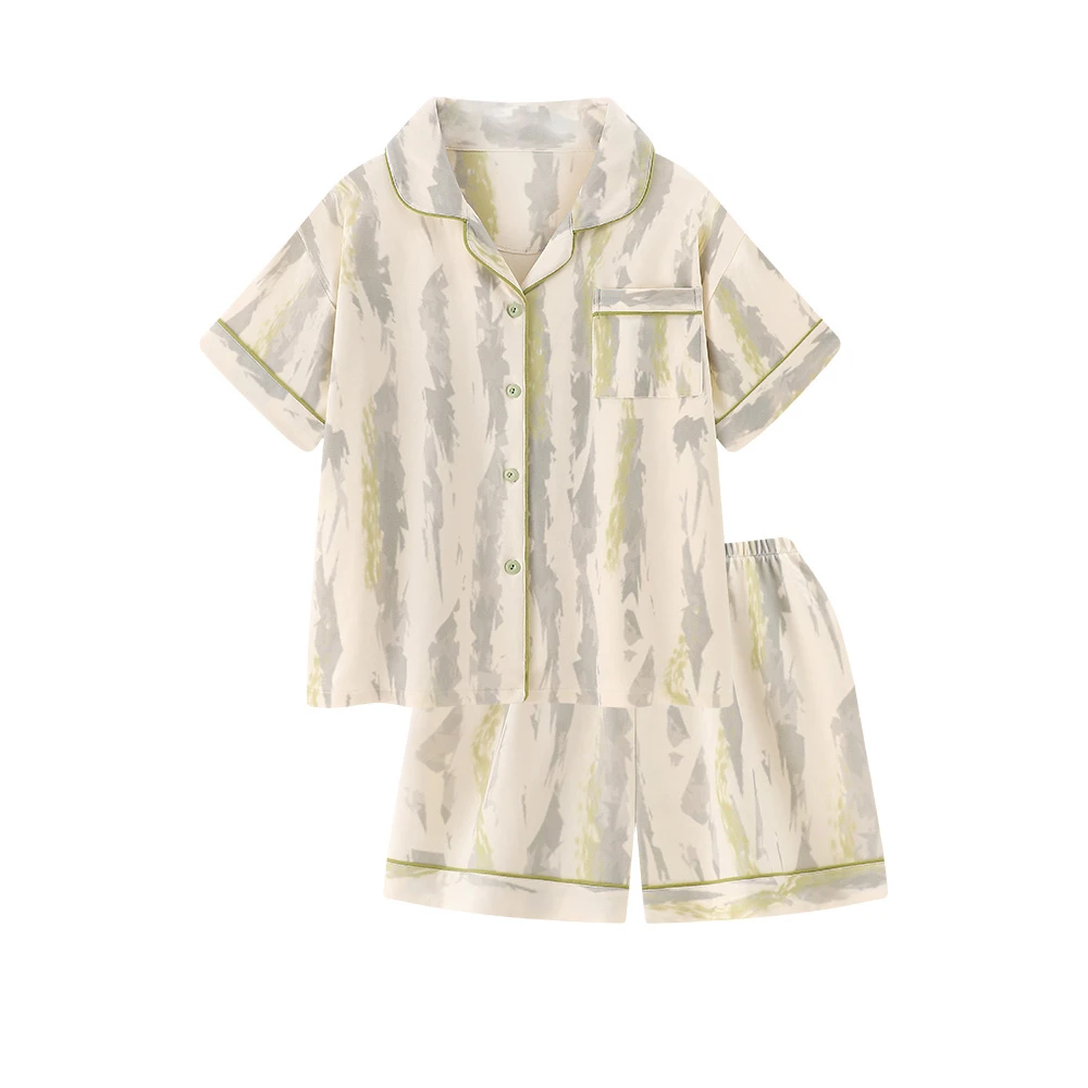 女士睡衣简约油画风纯棉睡衣女夏季新款可外穿短袖家居服2件套装