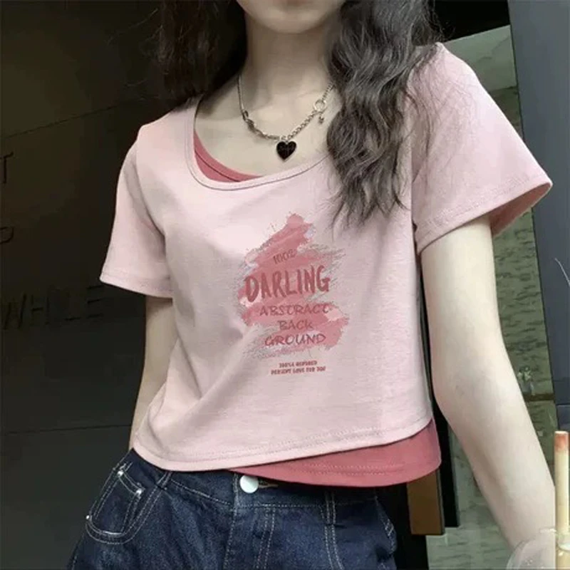 多巴胺粉色假两件时尚短袖T恤女夏季新款2025正肩方领设计感上衣