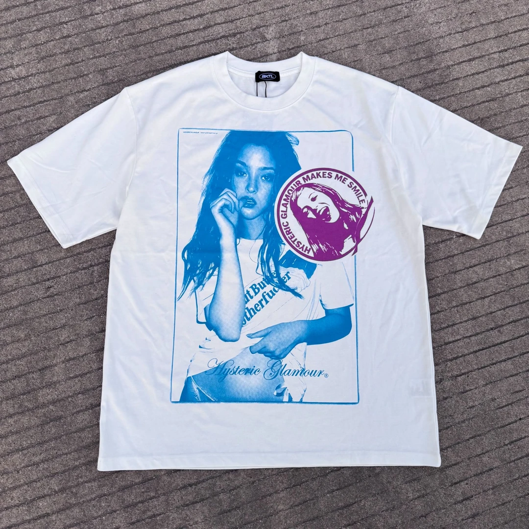 H3y原创美式复古索罗娜凉感人像印花小领口短袖tee恤男女cleanfit