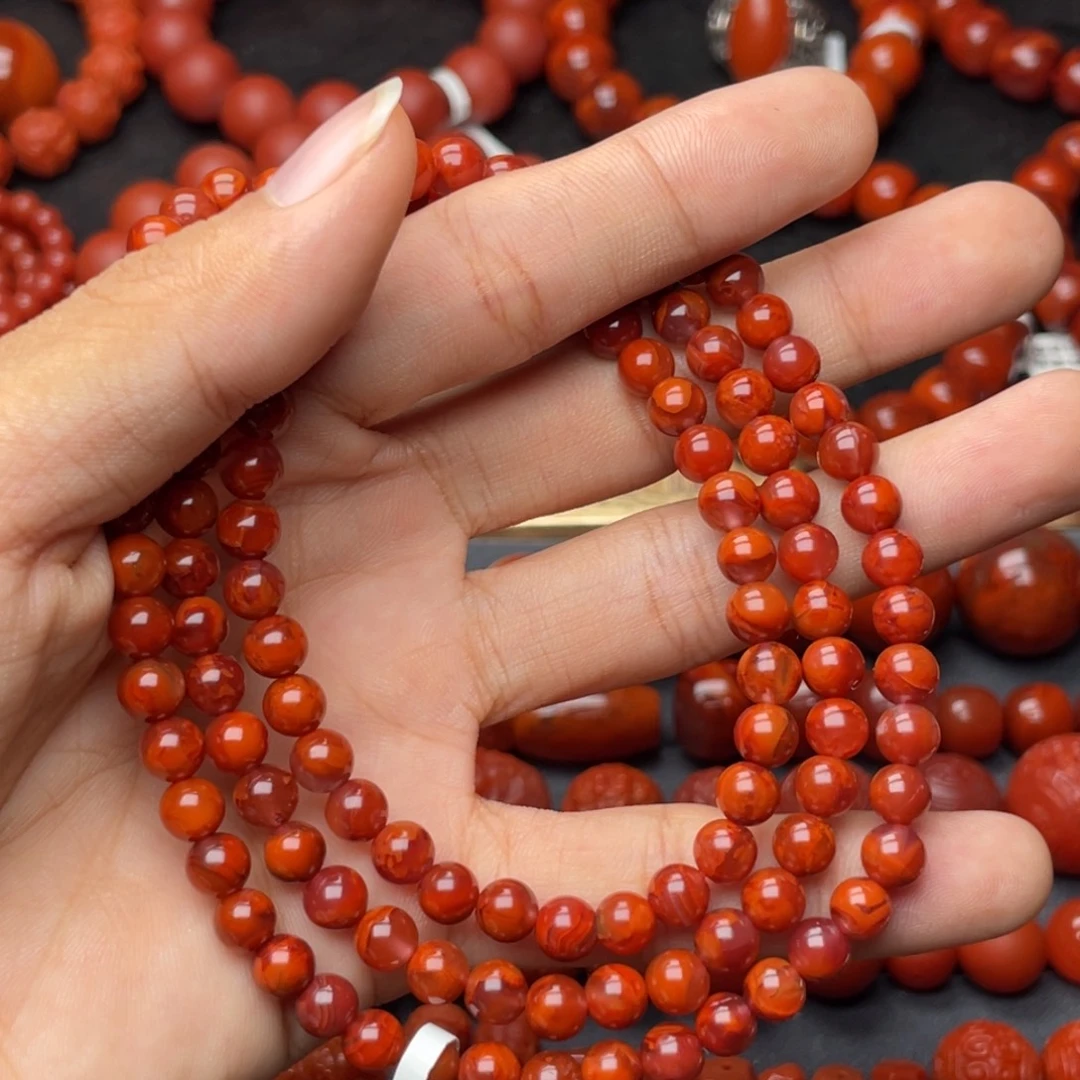 南红玛瑙未镶嵌手串H6.3mm收藏妖孽牛血火焰长链