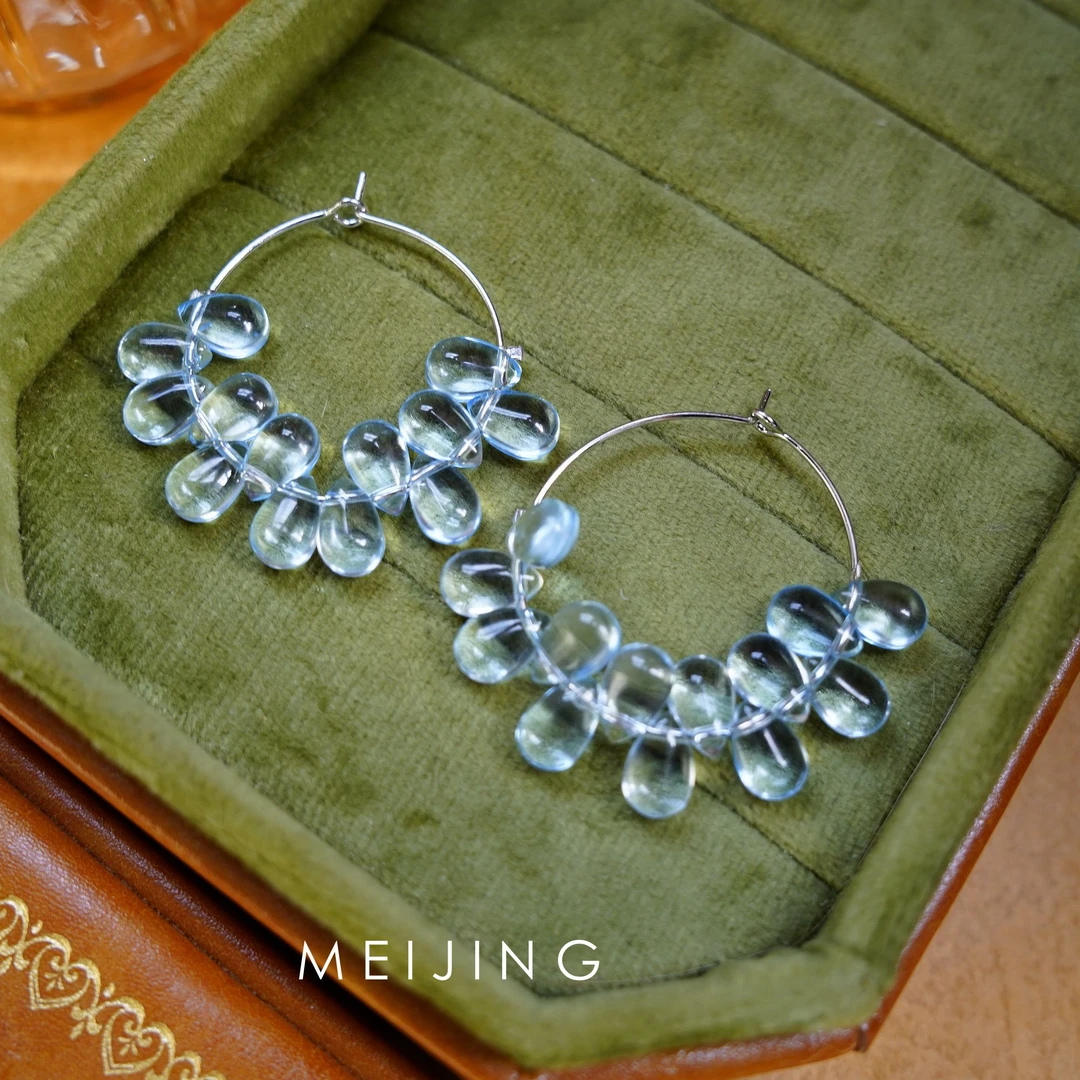 黄铜琉璃耳饰 【小城夏天】简约清新透明彩色水滴串珠耳圈耳环