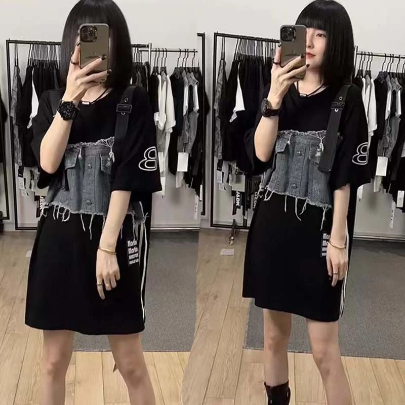 【拼接连衣裙】欧洲站2025夏季新款洋气宽松牛仔拼接连衣裙女圆领时