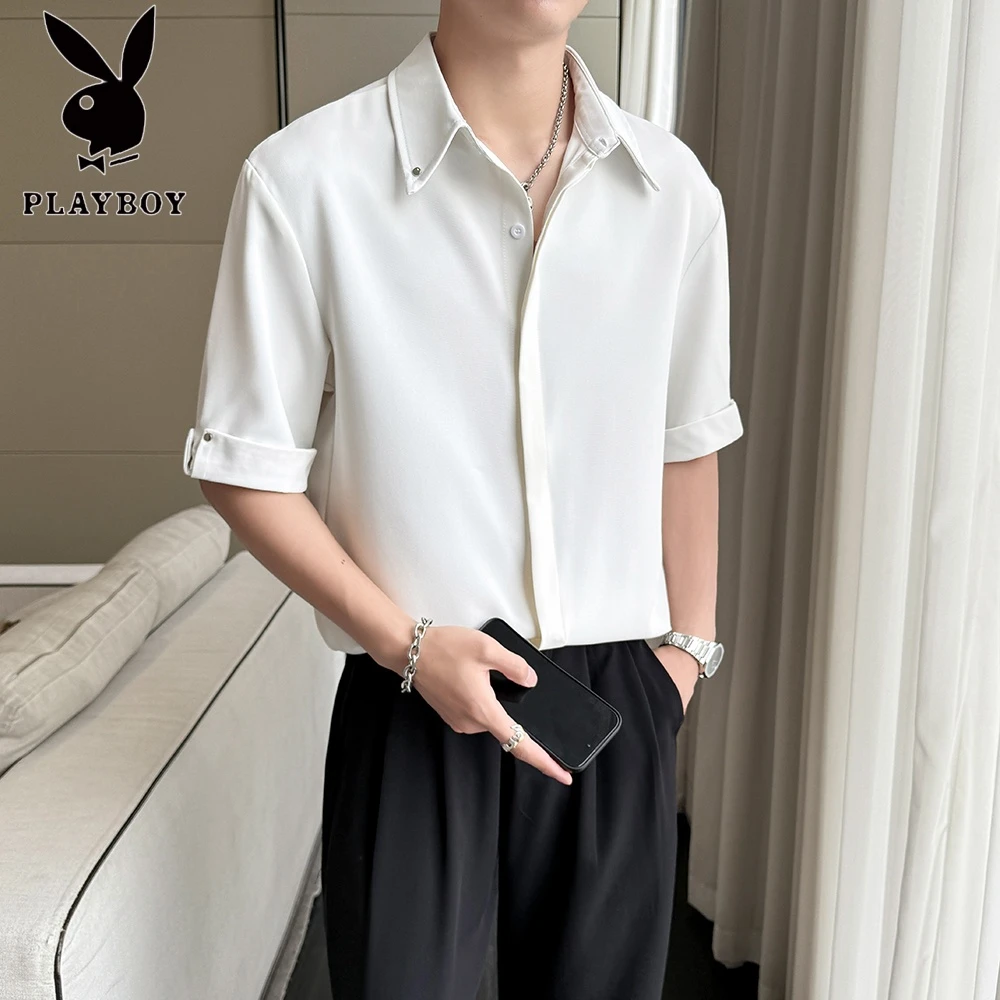 PLAYBOY/花花公子夏季薄款冰丝短袖衬衫男宽松帅气垂感五分袖衬衣