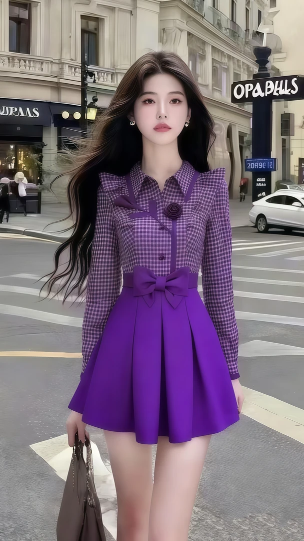 秋季时尚通勤风紫色翻领格子长袖修身设计时尚气质连衣裙