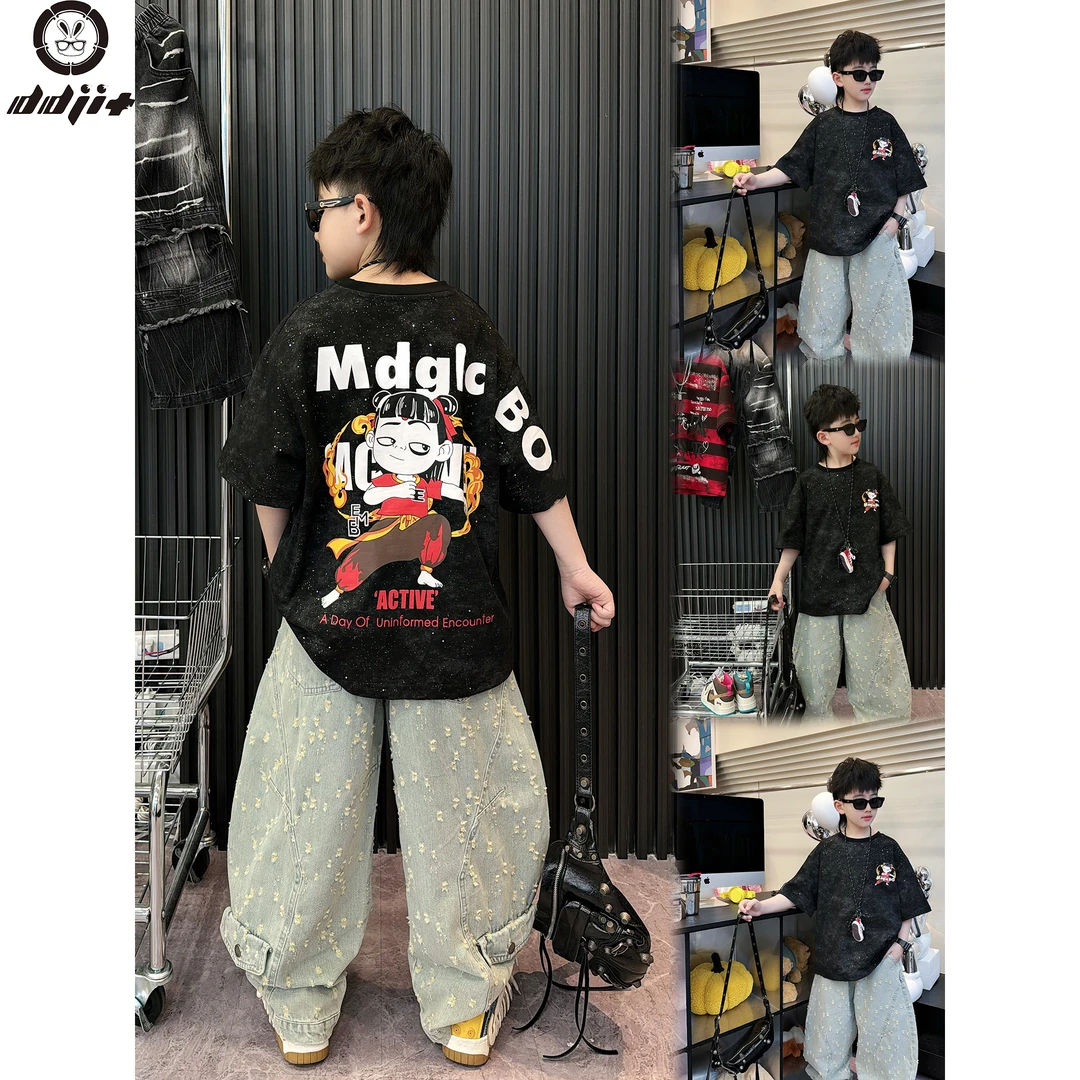 蛋蛋家【亮闪哪吒】春夏款时尚街头男童黑色亮闪哪吒短袖T恤