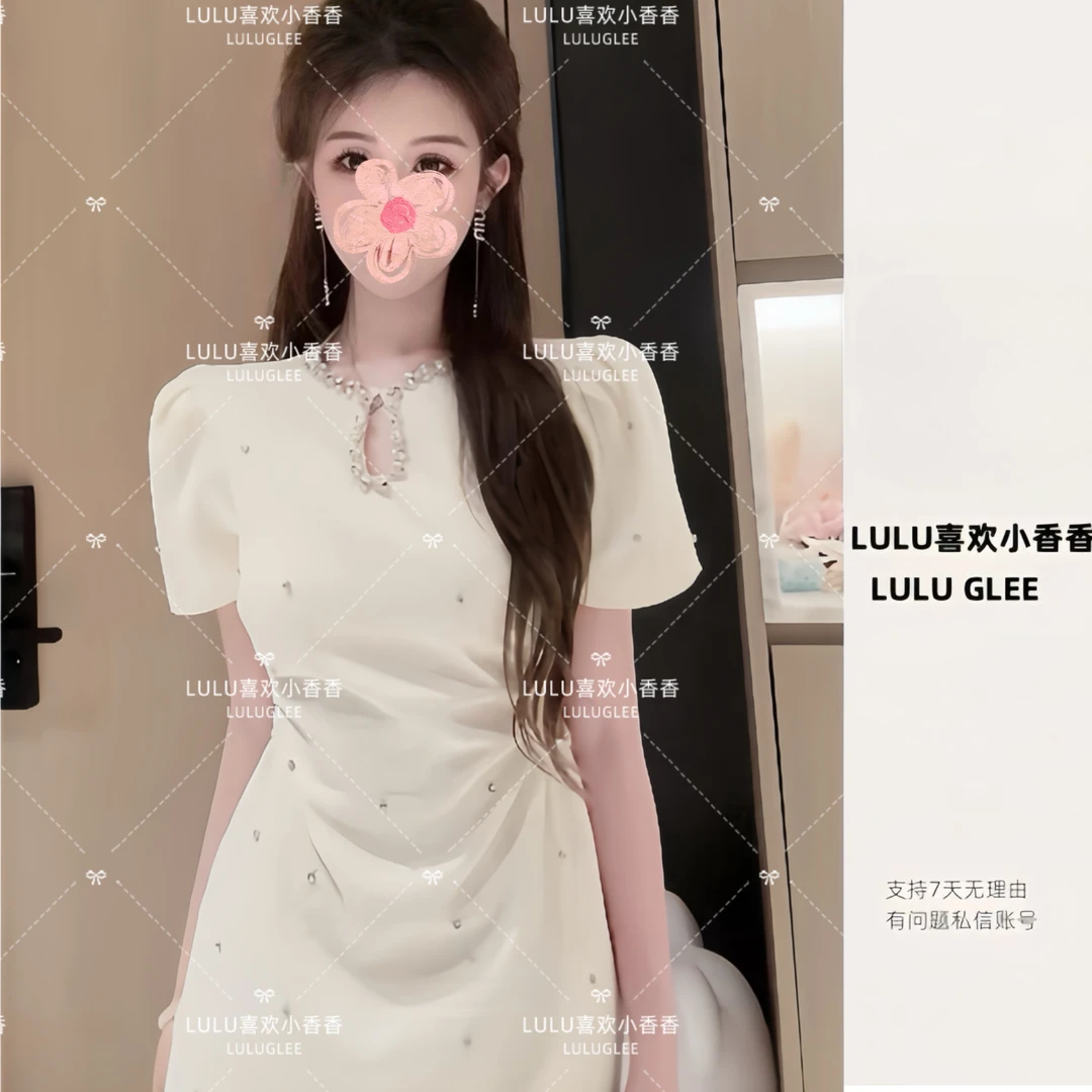 2025夏季法式名媛气质高端设计感女神范高级感露腰手工钉钻裙