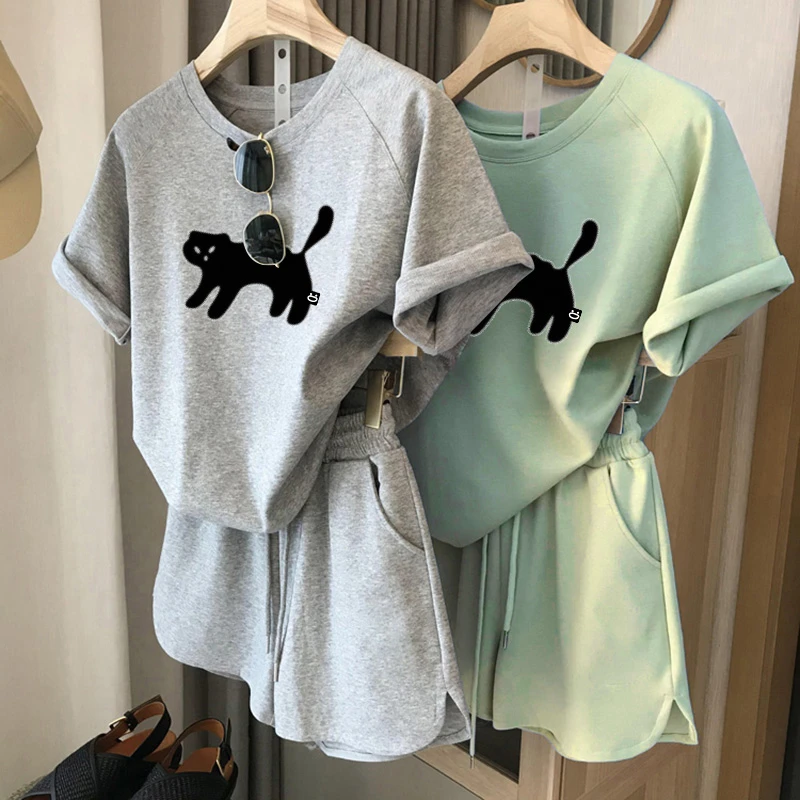 2025新款夏季短袖t恤女宽松休闲上衣套装小众设计感运动两件套潮