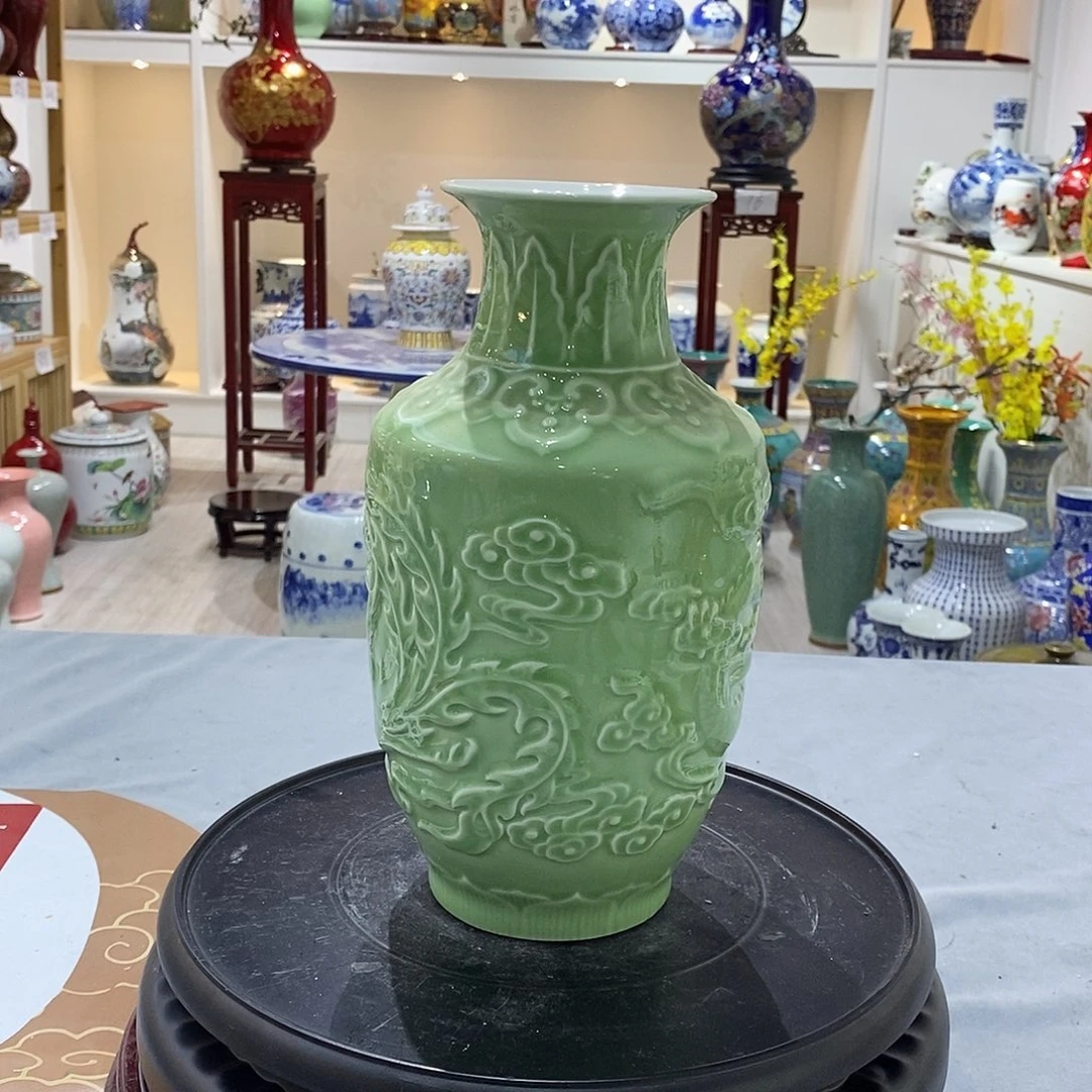 陶摆件25cm雕刻龙凤呈祥冬瓜瓶