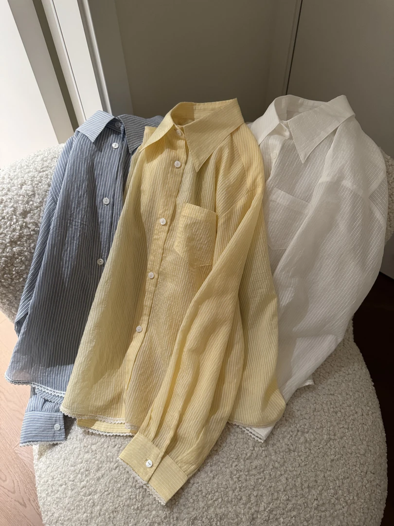 miss muzi“多巴胺衬衫”莱赛尔天丝超清凉色织肌理竖条防晒衬衫女