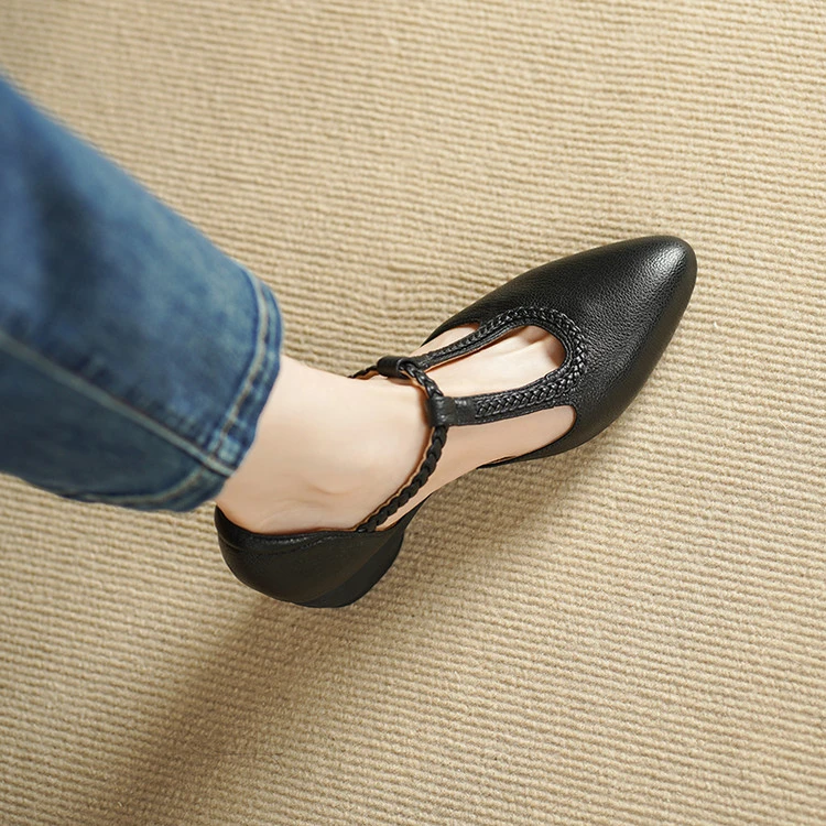 头层羊皮~4.5cm杏色坡跟凉鞋女浅口单鞋软皮奶奶鞋中跟包头凉鞋女