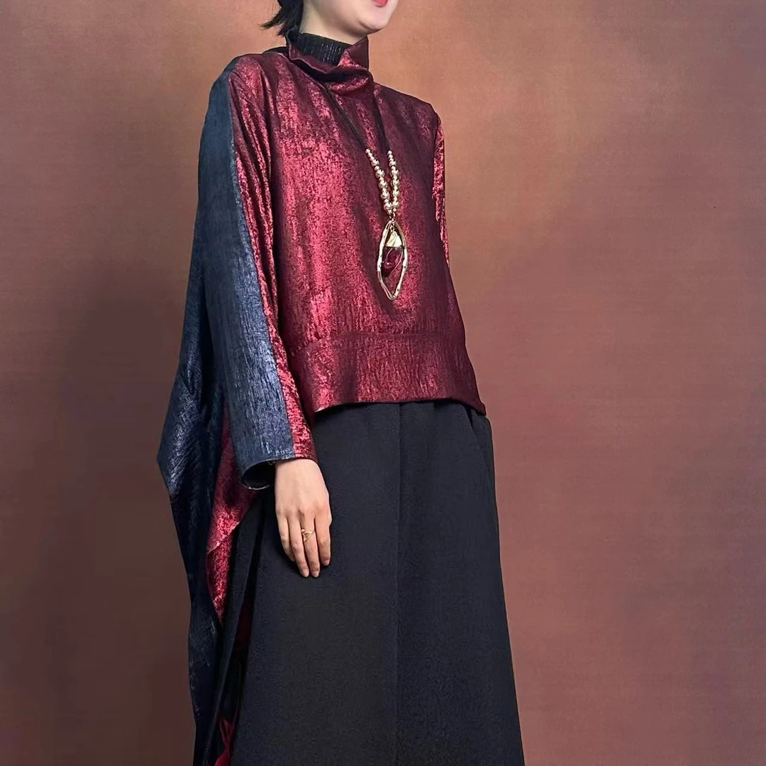 【希之韵】L24079新款红拼蓝烫金设计师款时尚上衣