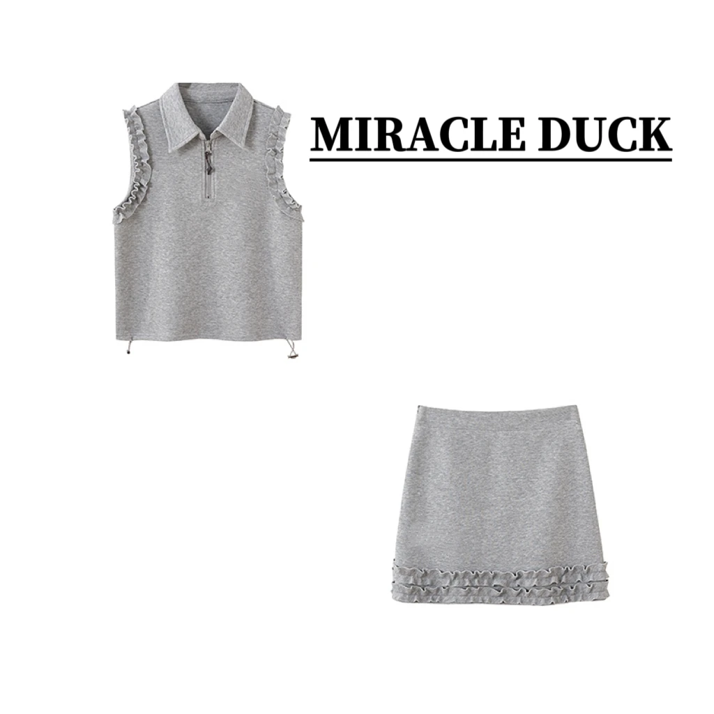 【浅夏时光】新款气质木耳花边翻领无袖短裙套装C1600