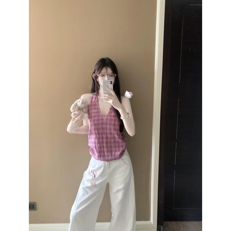 设计感小众别致撞色格子V领吊带背心夏季宽松百搭休闲阔腿裤