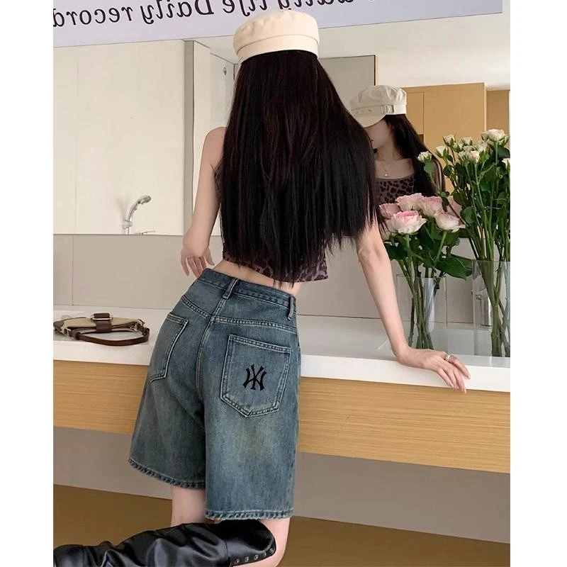 NY复古牛仔短裤女2025春秋新款宽松显瘦直筒阔腿五分裤高腰热裤子