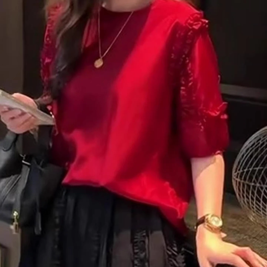 高级感百搭红色T恤洋气女2025年爆款宽松减龄设计感小众轻熟上衣