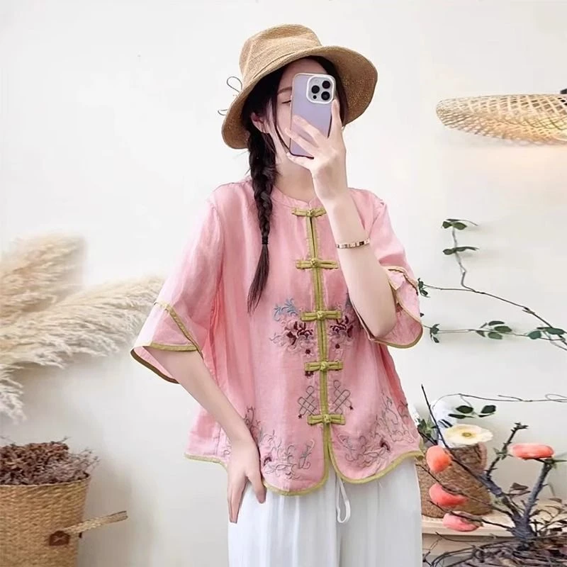 【现货+运费险】新款棉麻衬衫中式刺绣盘扣复古七分文艺国风大码