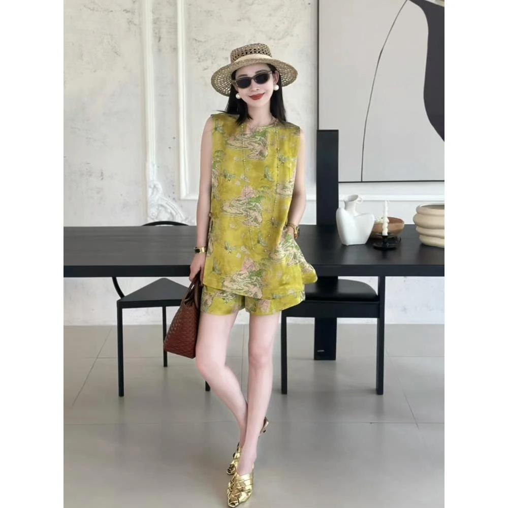 2025超火夏装一整套新中式国风高级感复古绿色提花衬衫短裤两件套