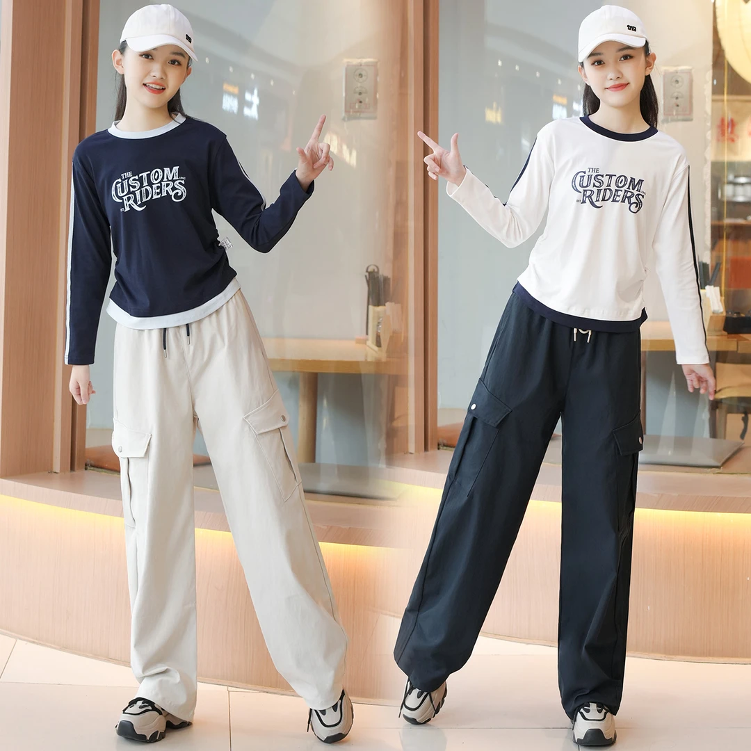 女大童秋季新款2025初高中生女孩青少年休闲韩版长袖T恤工装裤