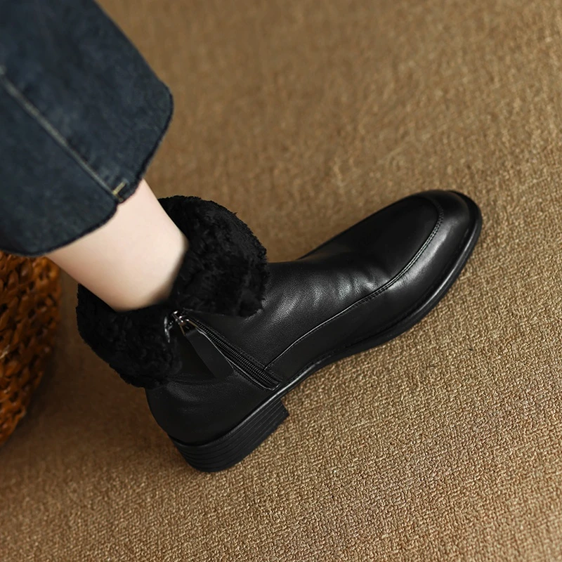 头层牛皮~大码女靴~404142码羊羔毛保暖低跟两穿短靴复古真皮棉鞋