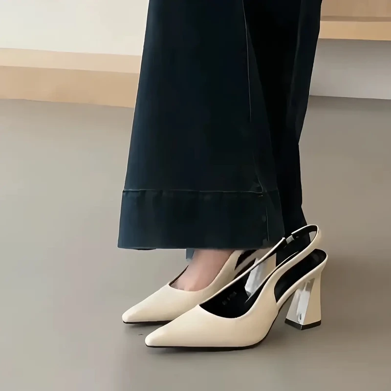 2025新品春夏款法式绿色配裙子尖头高跟鞋女粗跟单鞋后空包头凉鞋