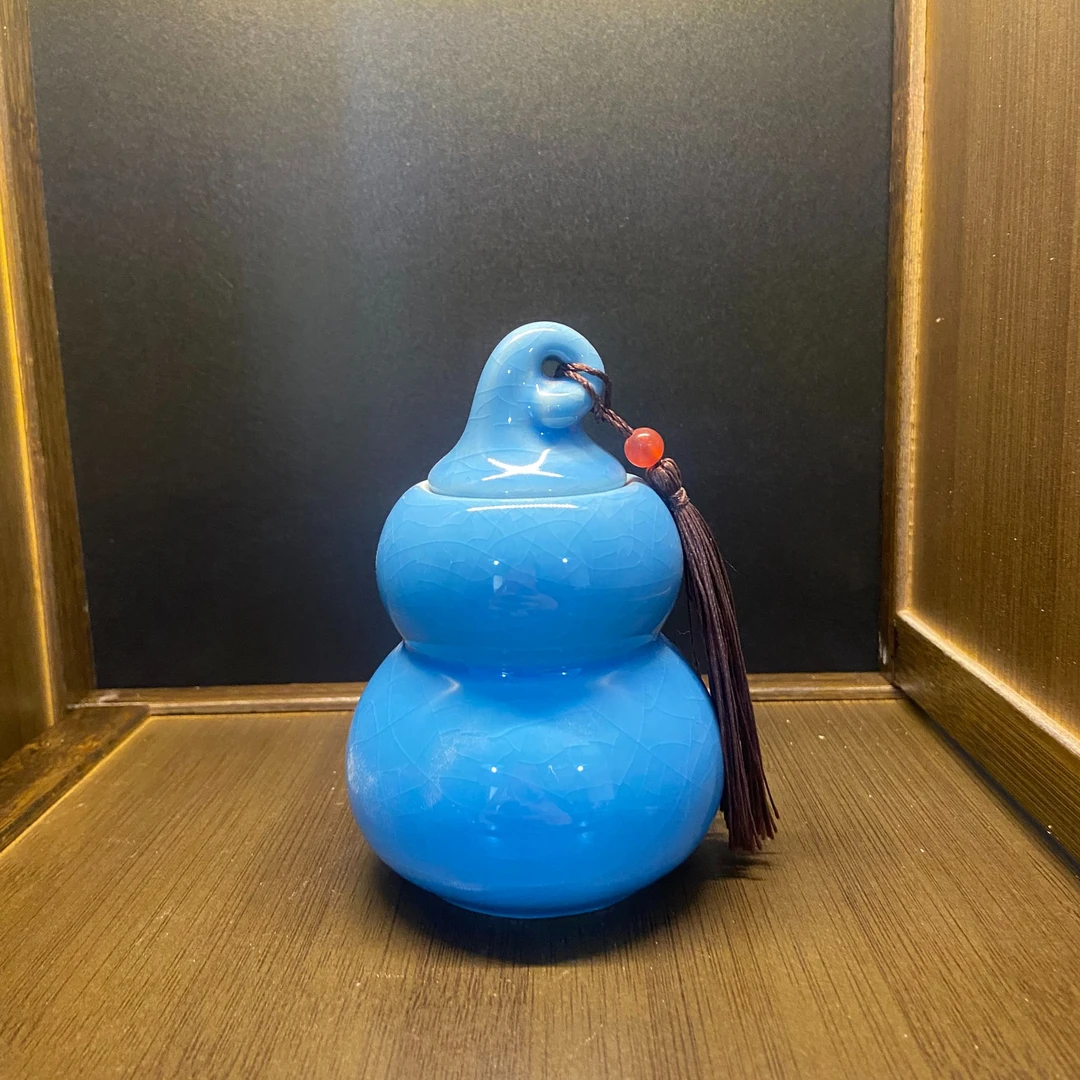 【闪购产品】4蓝色冰裂釉葫芦个人茶叶罐