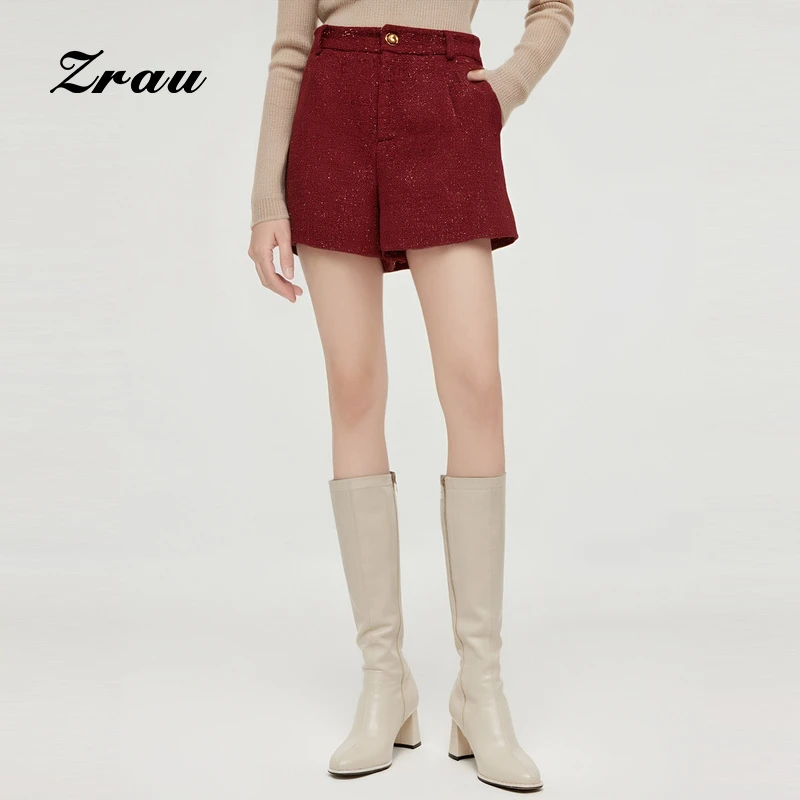 【达人专属】ZRAU小香风亮丝高腰A字阔腿裤粗花呢短裤女Z1243K0017