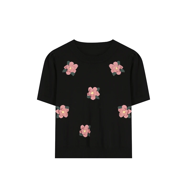 周周-黑色/杏色夏季休闲打底上衣ZL104679半袖时尚圆领绣花套头