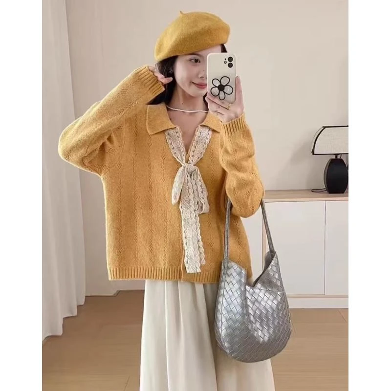 设计感蕾丝系带毛衣开衫女2025新款秋季慵懒风软糯开春针织外套潮