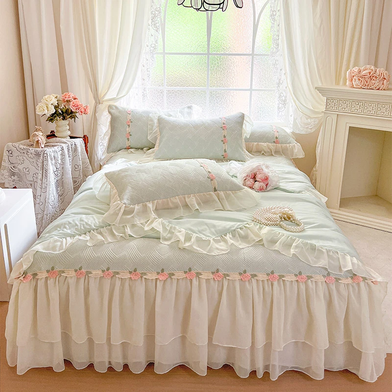 2025新款负离子冰岛丝花边床裙款凉席夏被夏凉被空调被四件套