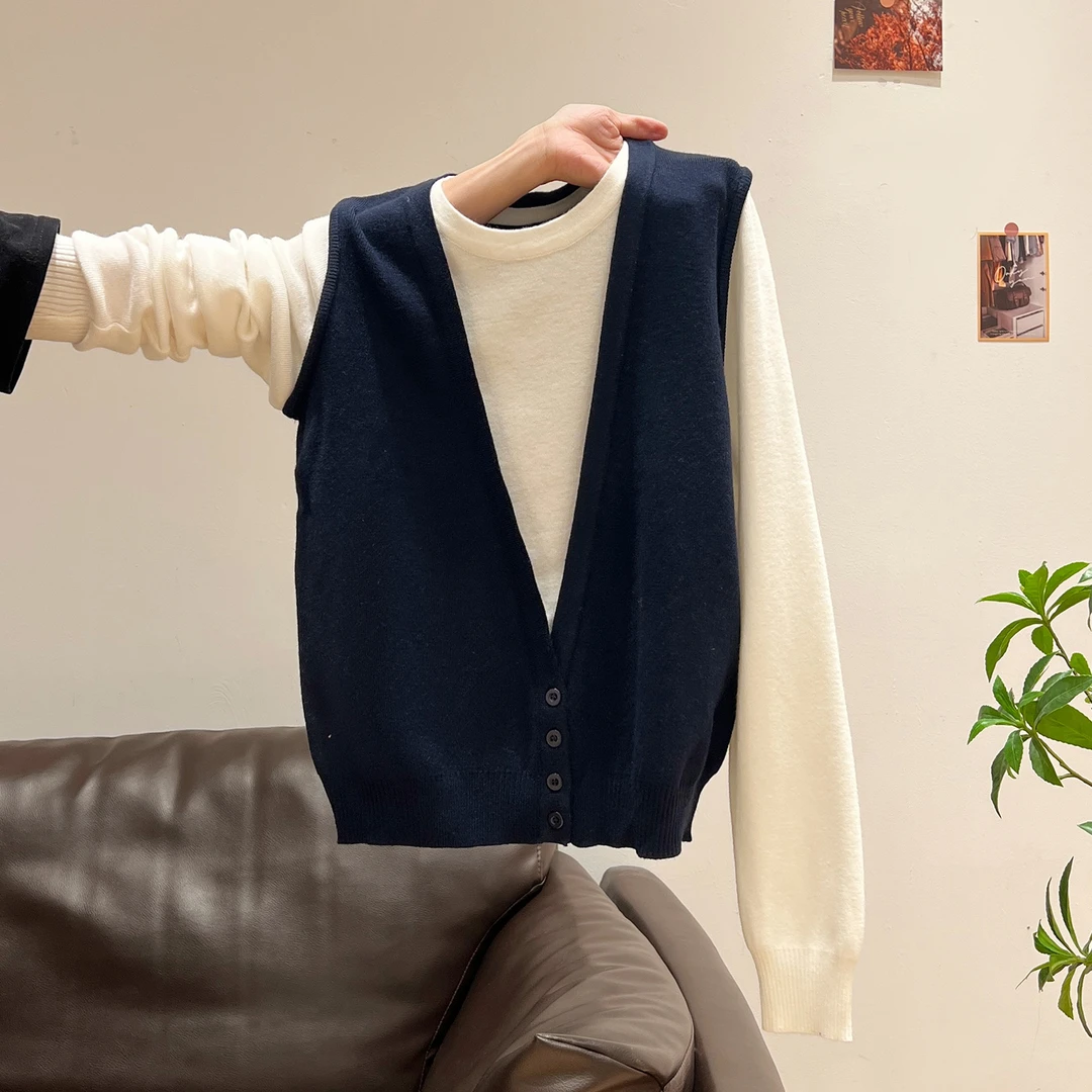 通勤休闲圆领撞色假两件针织衫女2025秋冬季宽松套头长袖T恤上衣