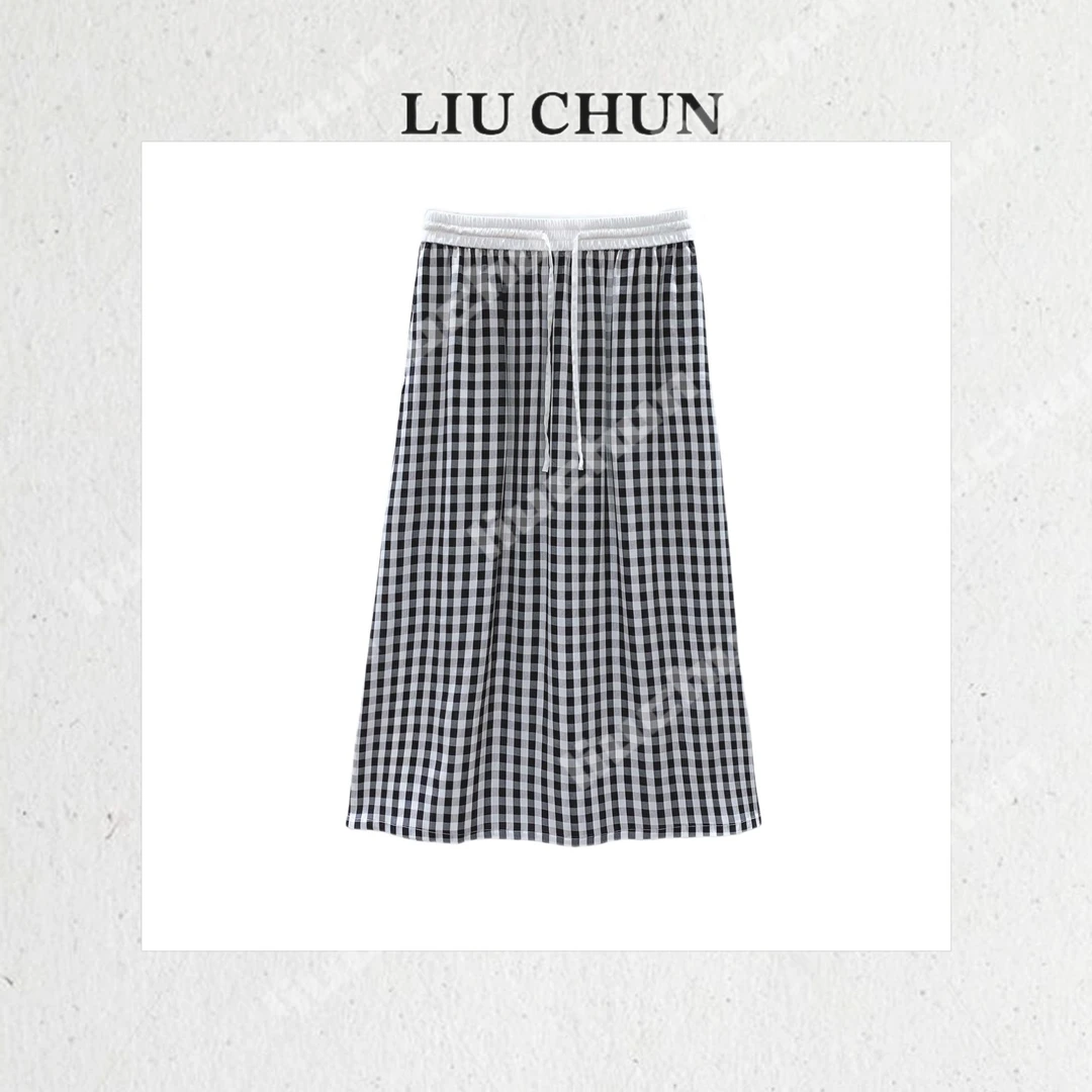 【棋盘格松紧腰】CHUN家夏季宽松时尚休闲桑蚕丝双绉半身裙