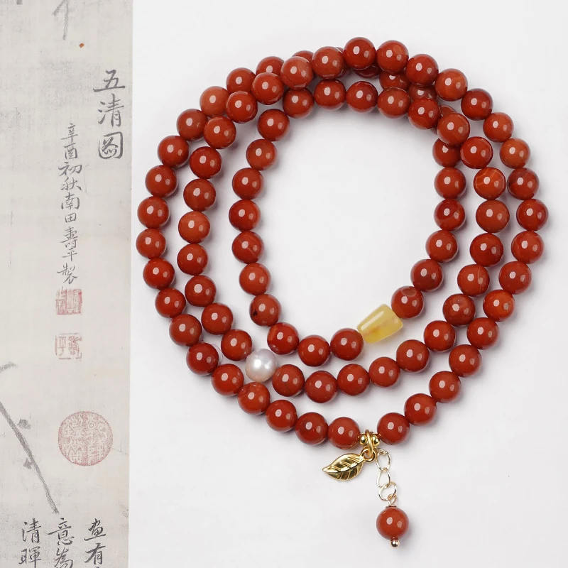 复古风红玛瑙蜜蜡珍珠多圈女款手串气质风手链  -8849