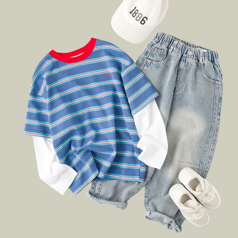 吴小越w993男童春装圆领套头条纹棉t恤长袖中大童儿童打底衫