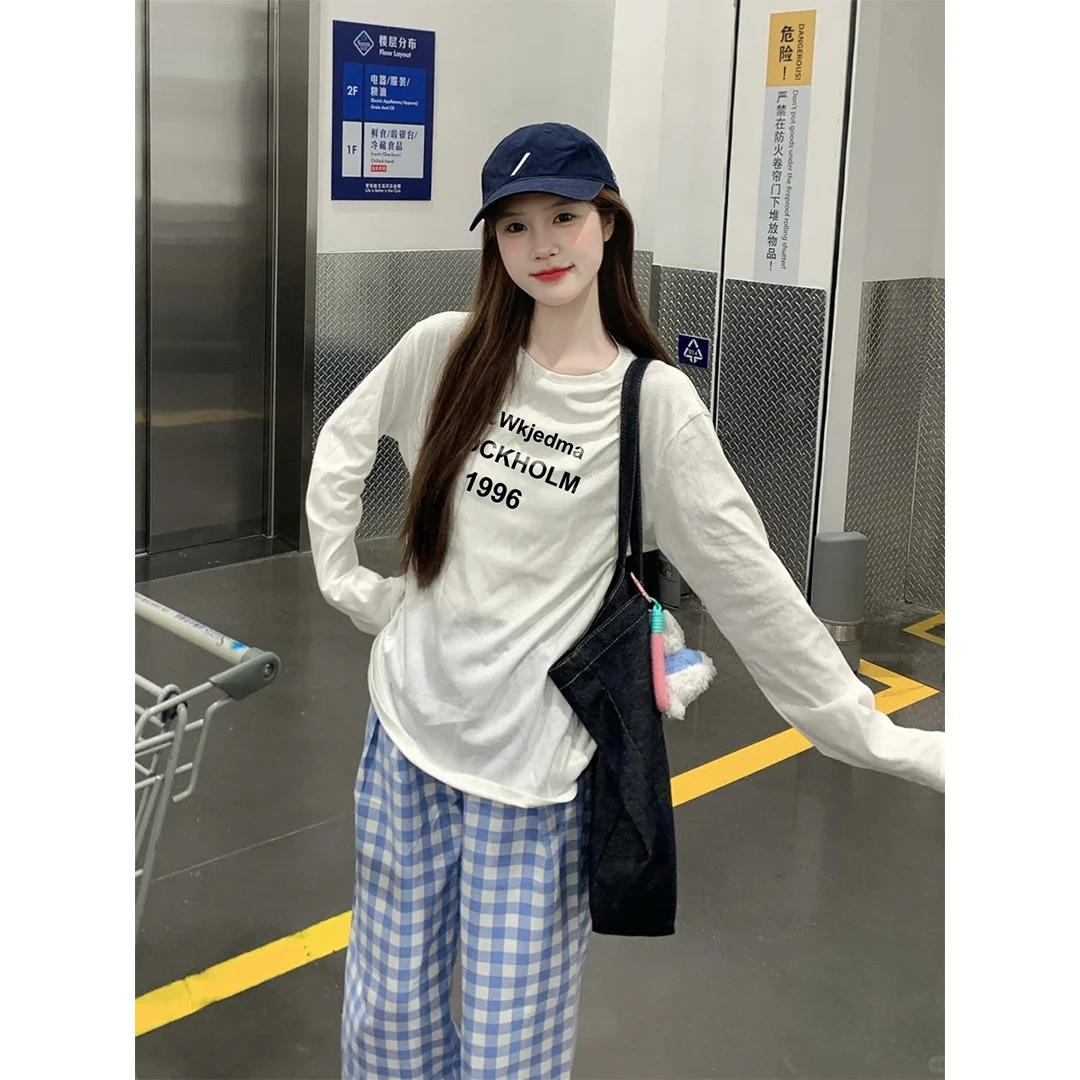 ABFP韩系慵懒风白色长袖防晒罩衫复古字母印花百搭休闲时尚上衣女