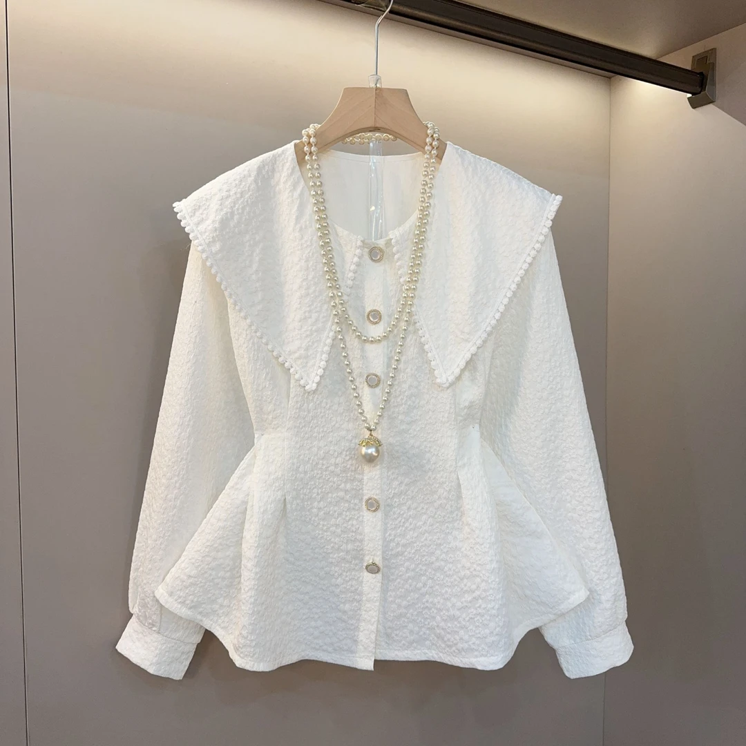 大码女装早春甜美时尚减龄韩版娃娃领长袖百搭显瘦衬衫气质上衣