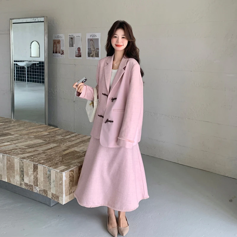 粉色小香风西装套装裙女2025春秋新款超好看韩系氛围感西服半身裙