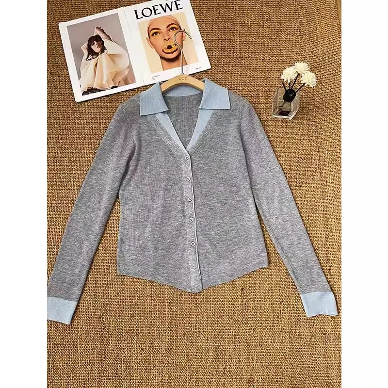 灰色假两件薄款针织开衫毛衣外套女2025新款春装洋气翻领长袖上衣