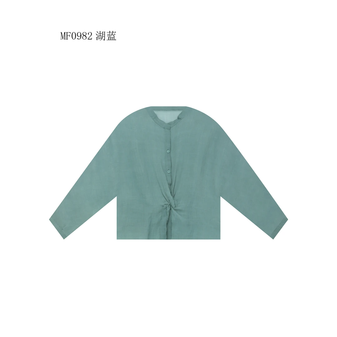 【麻訪家】MF0982湖蓝文艺气质简约宽松百搭长袖上衣