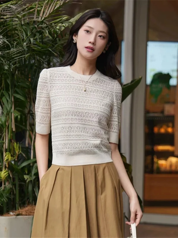 【商场同款】2025夏季休闲百搭圆领法式镂空花纹短袖针织T恤138020
