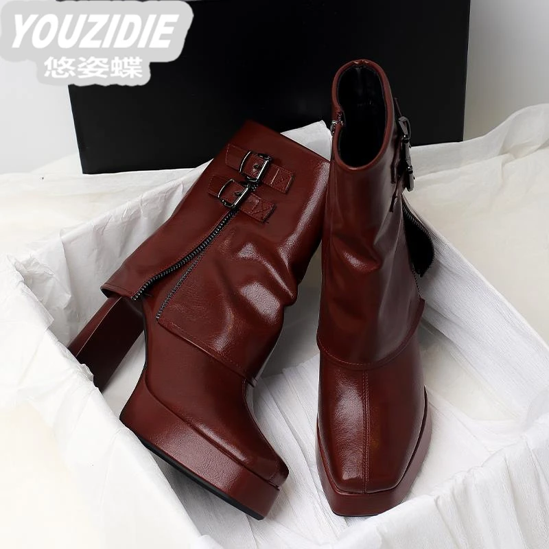 悠姿蝶●法式高跟短靴女新款显瘦方头瘦瘦靴粗跟防水台裤管靴女