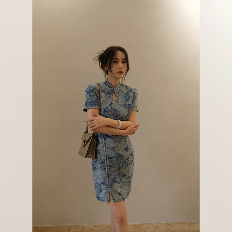 于momo【天青色等烟雨】时尚旗袍女夏季修身显瘦连衣裙QL231102