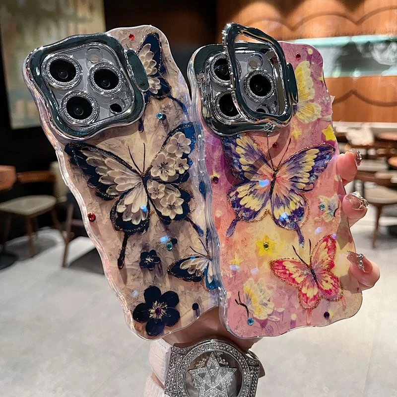 适用苹果系列iPhone16新款手机壳高级黑色蝴蝶全包闪粉镜头膜支架