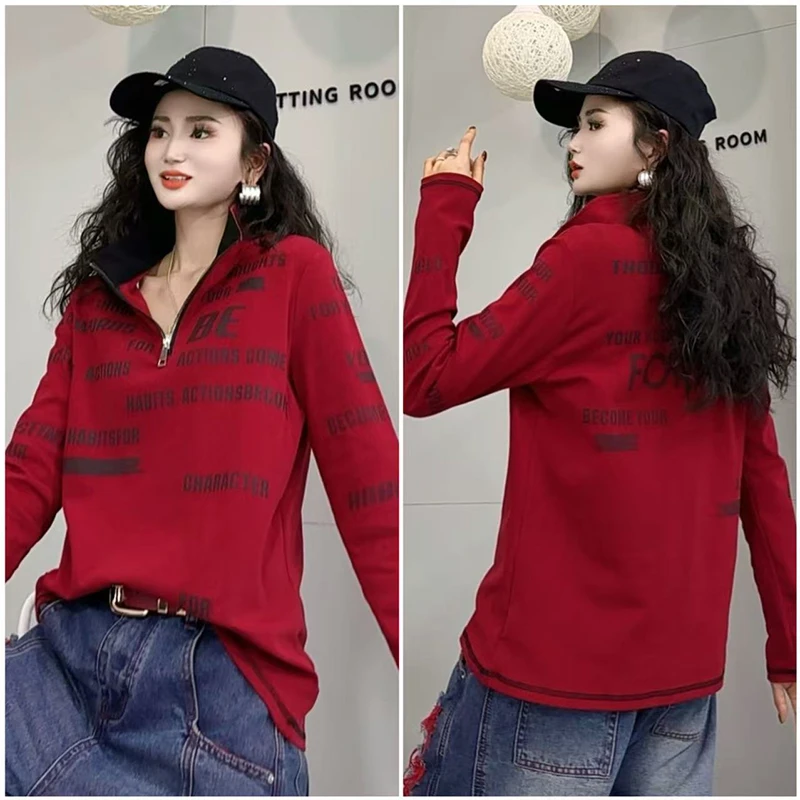 春季字母潮流百搭T恤女2025新款休闲时尚半拉链设计显瘦t恤-53610