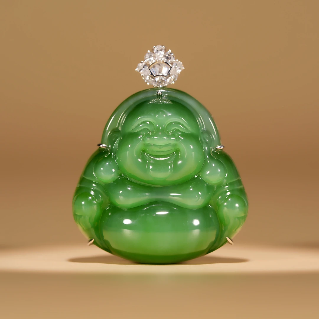 传世级 和田玉金绿猫冰底起荧佛公坠18K金 43*35*14mm±  H122733