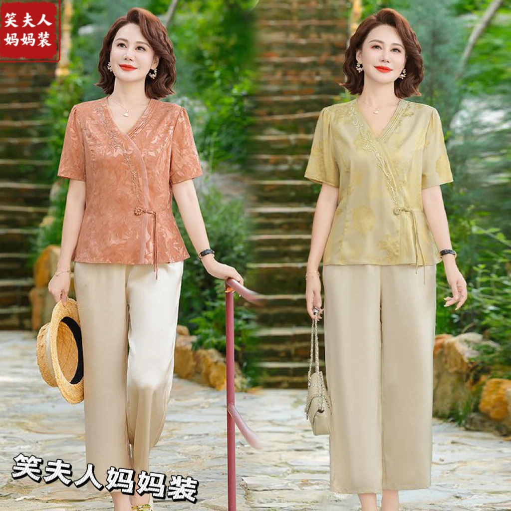 妈妈夏装短袖套装时尚小衫2025气质上衣新款洋气中老年两件套