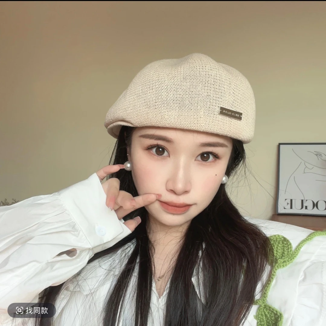 韩版黑色贝雷帽子女网红反戴前进帽春夏编织透气百搭女款画家帽